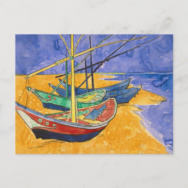 Cartão Postal Barcos de Van Gogh Impressionismo Praia (Frente)