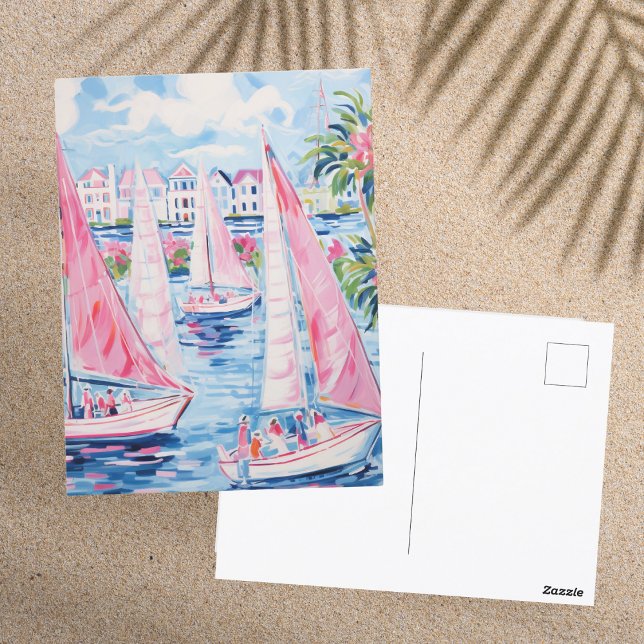 Cartão Postal Barcos de vela cor-de-rosa-d'água vibrantes (Criador carregado)