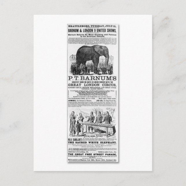 Cartão Postal Barnum & London 9 United Shows Ad (Frente)