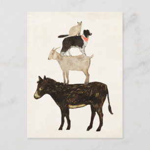 Cartão Postal Barnyard Buds - Donkey, Goat, Dog, Cat