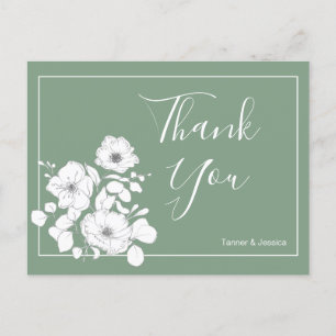 Cartão Postal Basil Green e White Floral Weding Obrigado
