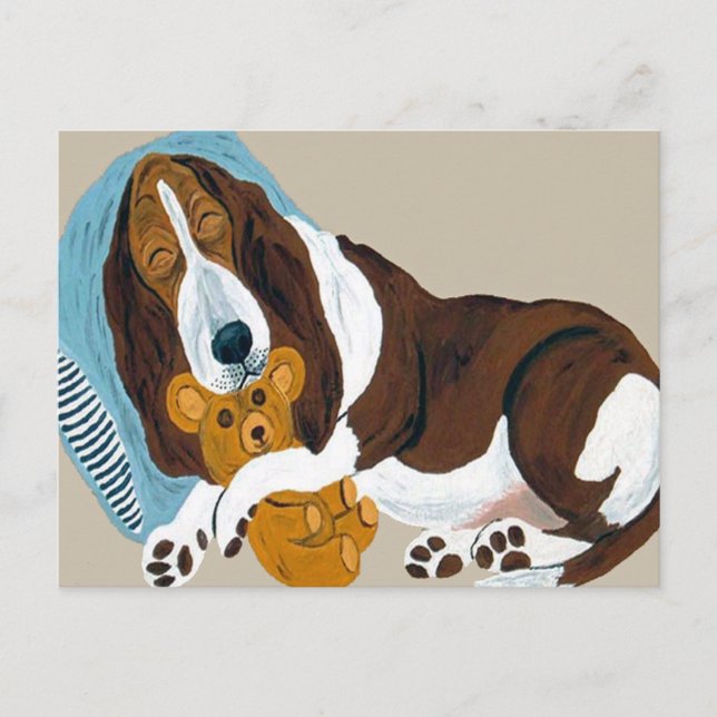 Cartão Postal Basset Adormecido Com Teddy (Frente)