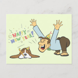 Cartão Postal Basset Engraçado e Homem Celebram Cartoon de Ano N