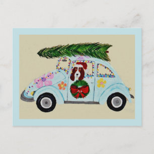 Cartão Postal Basset Hound de Natal em carro Hippie