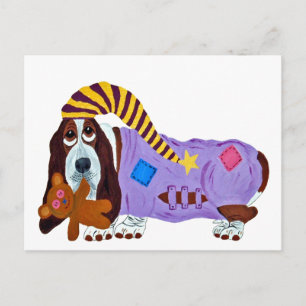 Cartão Postal Basset Hound em PJs com ursinho de pelúcia