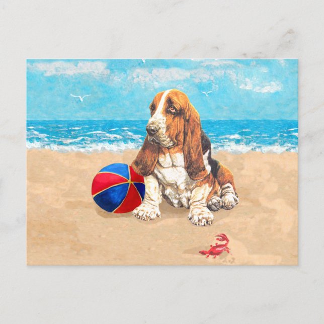 Cartão Postal Basset Hound na praia (Frente)