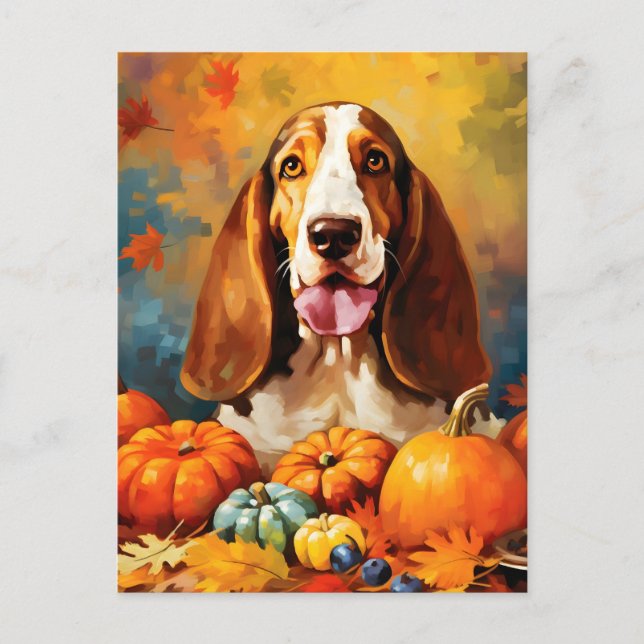 Cartão Postal Basset Hound Outono Dia de Ação de Graças  (Frente)