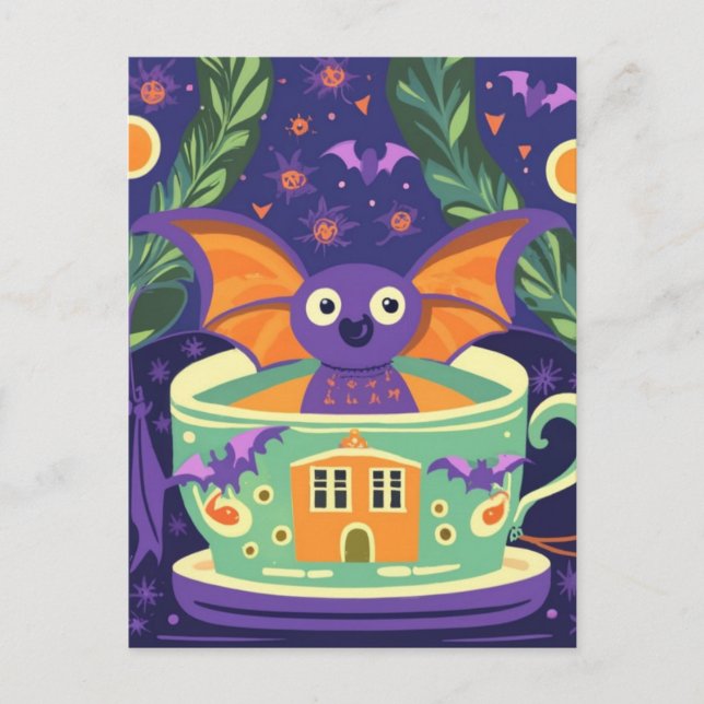 Cartão Postal Bat Bonito num Teacup de Halloween (Frente)