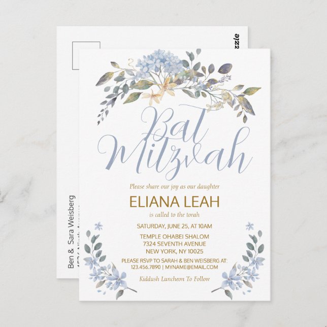 Cartão Postal Bat Mitzvah Azul Floral Aquarela (Frente/Verso)
