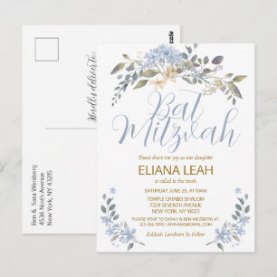Cartão Postal Bat Mitzvah Azul Floral Aquarela