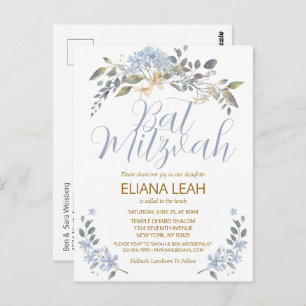 Cartão Postal Bat Mitzvah Blue Watercolor Floral
