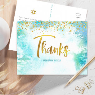 Cartão Postal Bat Mitzvah Dourado Script Blue Watercolor Obrigad