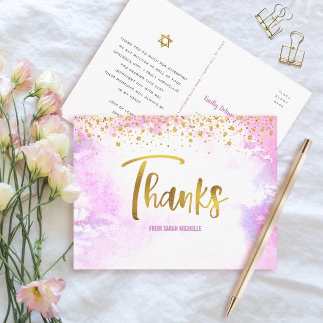 Cartão Postal Bat Mitzvah Dourado Script Pink Watercolor Obrigad (Criador carregado)