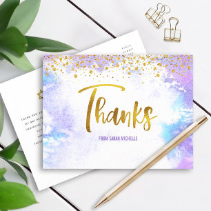 Cartão Postal Bat Mitzvah Dourado Script Purple Watercolor Obrig