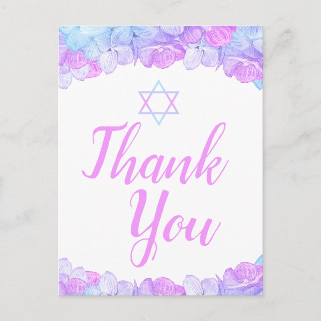 Cartão Postal Bat Mitzvah Floral Pink Hydrangea Obrigado (Frente)