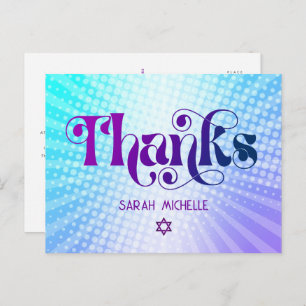 Cartão Postal Bat Mitzvah Retro Blue Roxo Gradação Obrigado