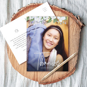 Cartão Postal Bat Mitzvah Roteiro Foto Prata Floral Agradeciment