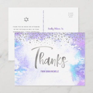 Cartão Postal Bat Mitzvah Silver Script Obrigados De Aquarela Pu
