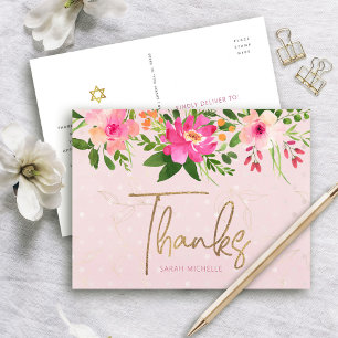 Cartão Postal Bat Rosa Mitzvah Escrito Dourado Floral Obrigado N