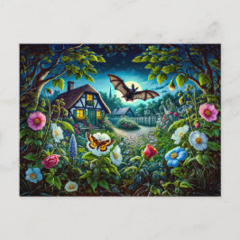 Cartão Postal Bat Voando no Jardim à Noite