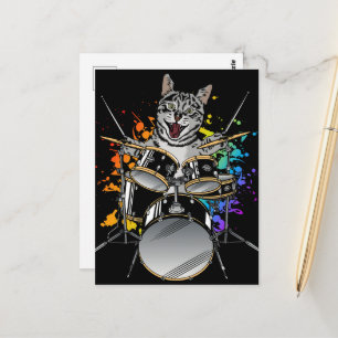 Cartão Postal Bateria de Gato Tocando Bateria