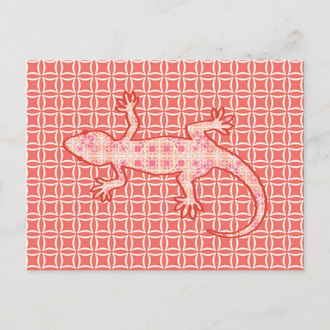 Cartão Postal Batik tribal Gecko - rosa coral e creme (Frente)