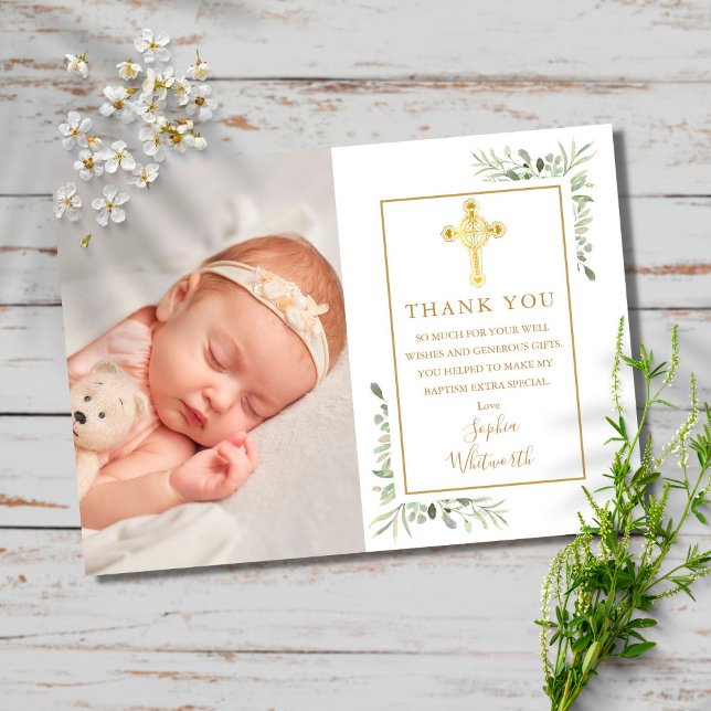 Cartão Postal Batismo Christening Dourada Cross Greenery Foto (Criador carregado)