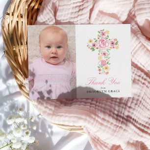 Cartão Postal Batismo da Cruz Floral Rosa / Christening Obrigado