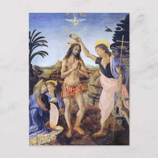 Cartão Postal Batismo do Cristo por Verrochio, Leonardo da Vinci (Frente)