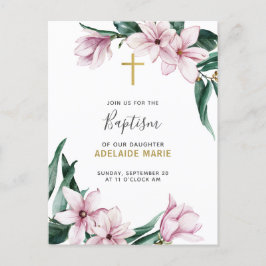 Cartão Postal Batismo Floral Magnolias Douradas e Rosa