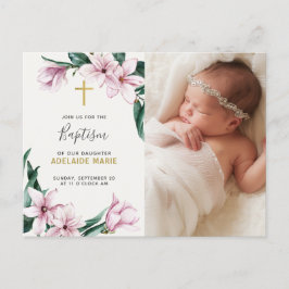 Cartão Postal Batismo Floral Rosa Elegante Foto Dourada Cruz