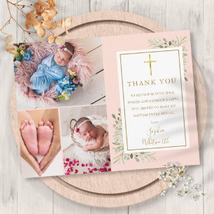 Cartão Postal Batismo Verdejante Rosa Beije 3 Fotos Obrigado