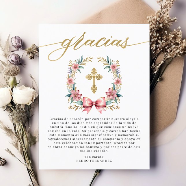 Cartão Postal Bautizo Pink & Gold Agradecimento Espanhol  (Criador carregado)
