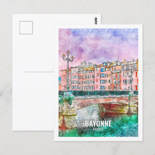 Cartão Postal Bayonne France Familiar Viagem Place Watercolor
