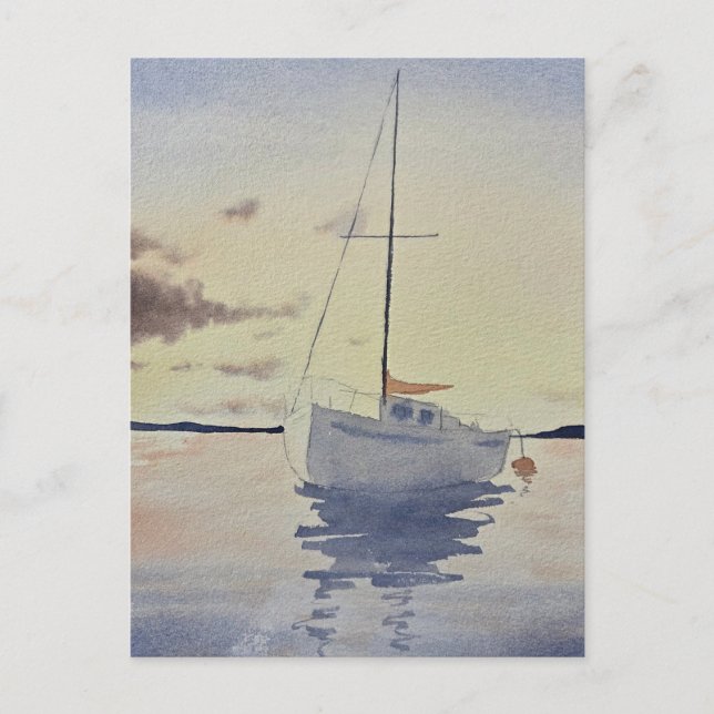 Cartão Postal Beach painting with a boat Watercolor  (Frente)
