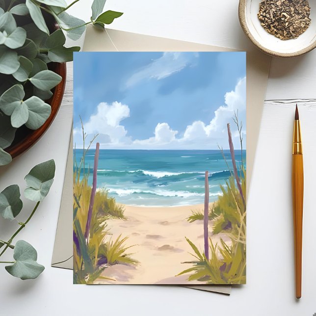 Cartão Postal Beach Path | Ocean Watercolor Coastal Painted (Criador carregado)