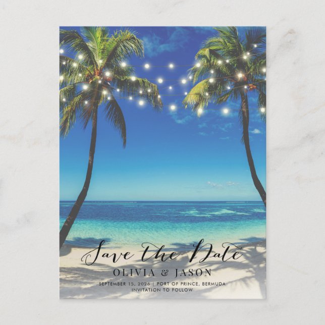 Cartão Postal Beach String Lights Wedding Save the Date Photo (Frente)