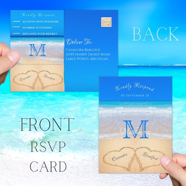 Cartão Postal Beach Wedding Hearts in the Sand RSVP (Criador carregado)