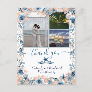 Cartão Postal Beach Wedding Seashell e Rosa Foto Obrigado
