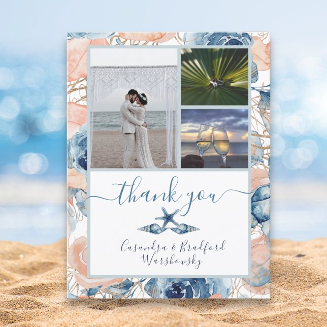 Cartão Postal Beach Wedding Seashell e Rosa Foto Obrigado (Criador carregado)