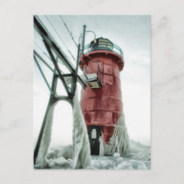 Cartão Postal Beacon Frozen Red South Haven Lighthouse Winter