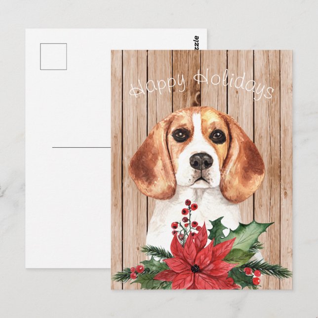 Cartão Postal Beagle aquarela e Buquê de Natal (Frente/Verso)