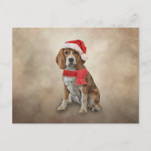 Cartão Postal Beagle Cachorro com chapéu vermelho de Papai Noel