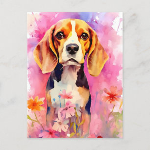 Cartão Postal Beagle com flores Aquarela