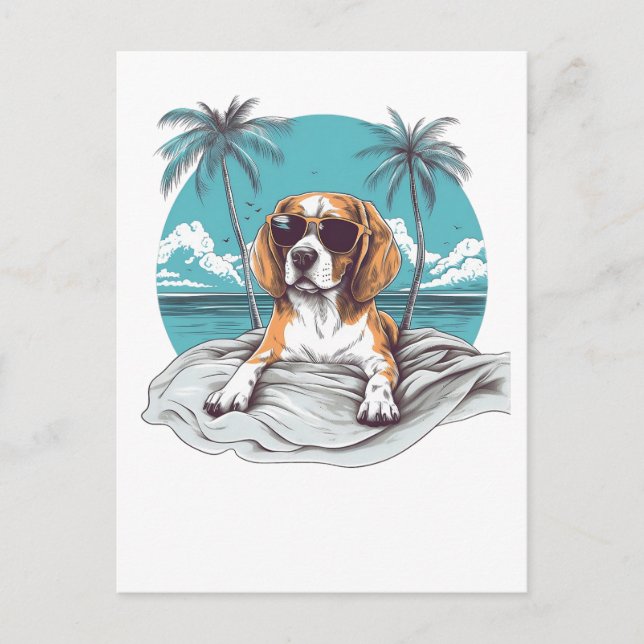 Cartão Postal Beagle com óculos de sol na praia (Frente)
