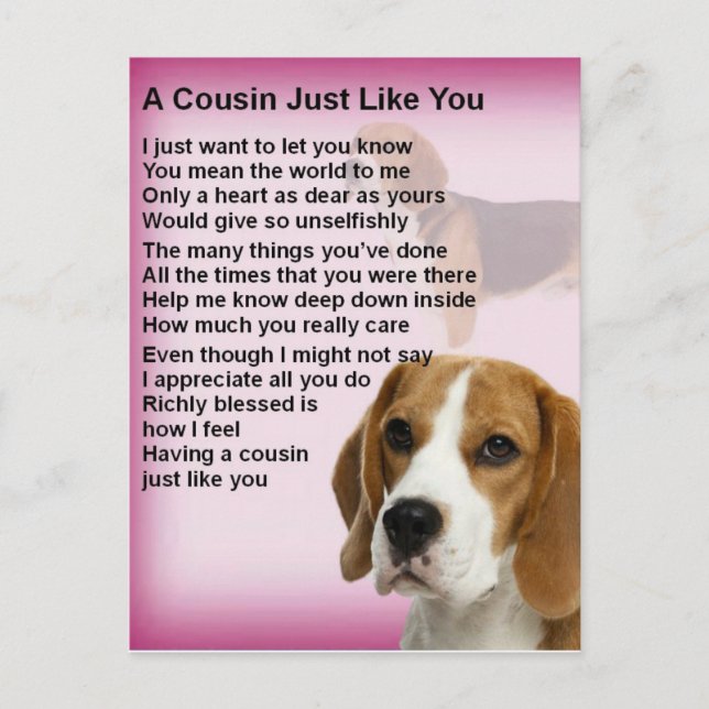 Cartão Postal Beagle Design Cousin Poem (Frente)