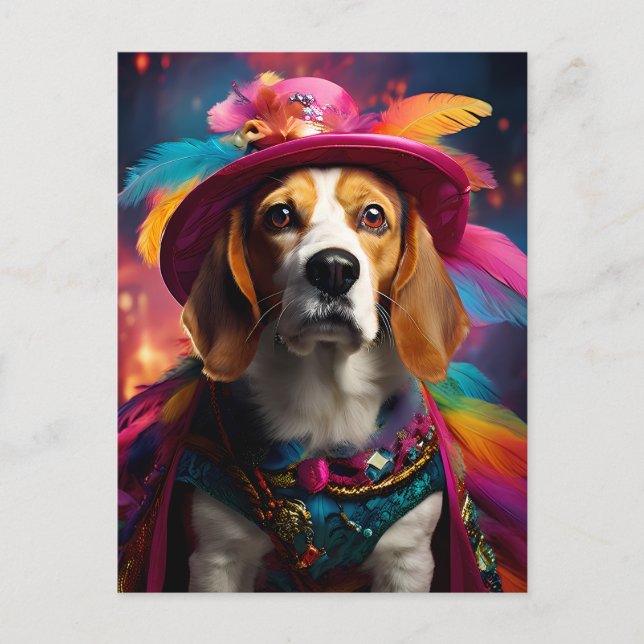 Cartão Postal Beagle em um chapéu de penas (Frente)
