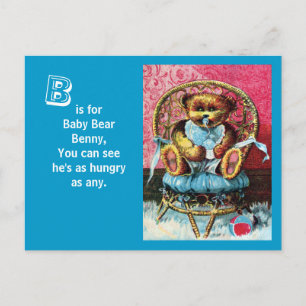 Cartão Postal Bear Bear Benny - Letra B - Urso De Teddy Vintage