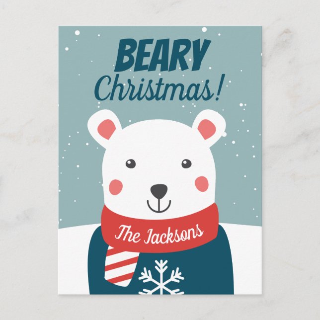 Cartão Postal Beary Christmas com cartoon polar (Frente)