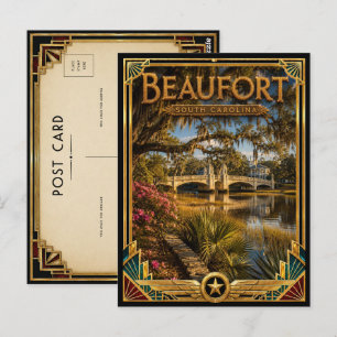 Cartão Postal Beaufort Carolina do Sul Arte Deco Vintage Dourado